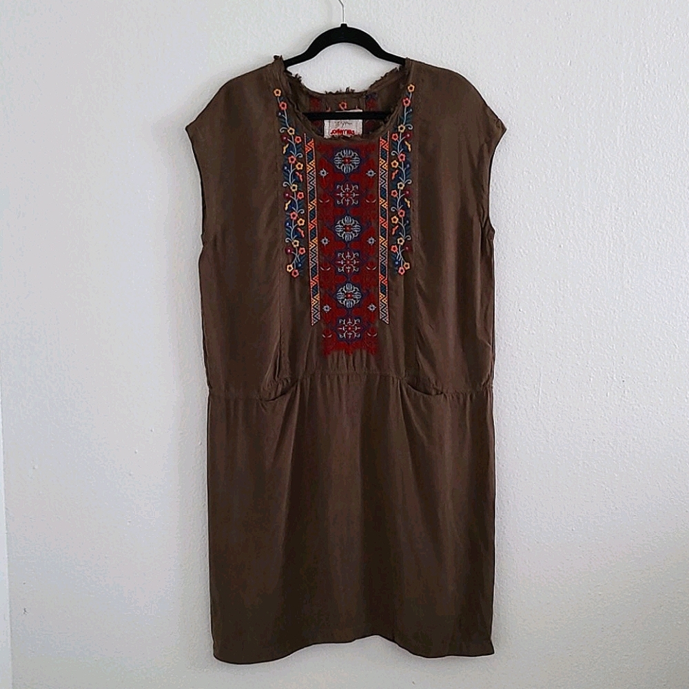 Johnny Was Brown Dress with Colorful Embroidery and Pockets Size Small